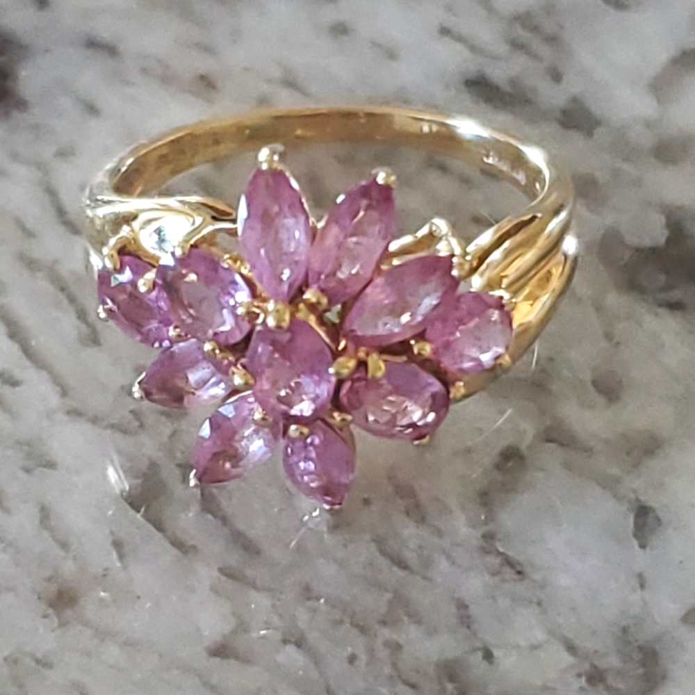 14k  Yellow Gold Pink Sapphire Marquis Cut Cluster Ring Size 6 - Picture 4 of 14